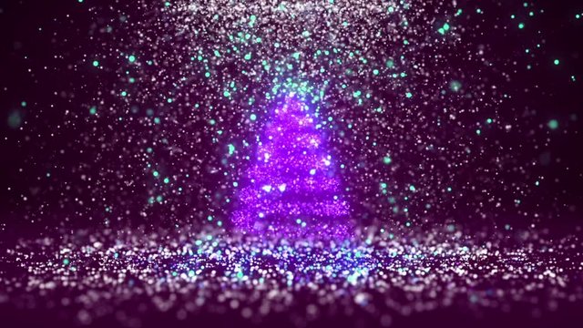 Wide angle shot of winter theme for Christmas or New Year background with copy space. Xmas tree from glow shiny particles in mid-frame. Purple 3d Xmas tree V2 with snow DOF