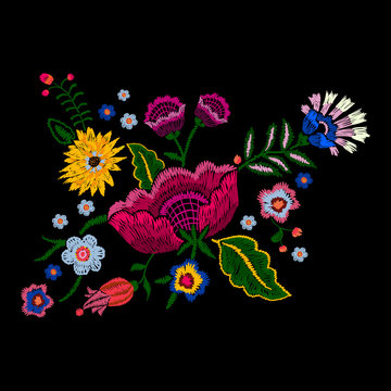 Embroidery native pattern with simplify flowers. Vector embroidered traditional floral  design for fashion wearing.