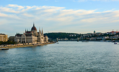 Fototapeta na wymiar Cityscape of Budapest with Hungarian Parliament, Danube river and Szechenyi Chain Bridge