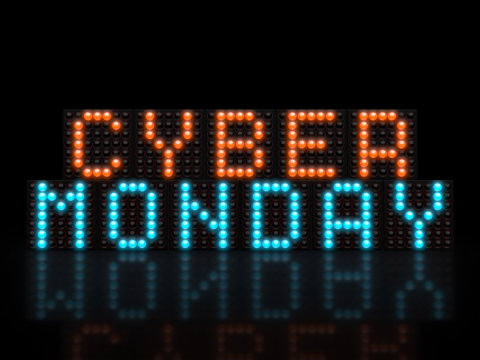 Cyber Monday LED display glowing on dark background