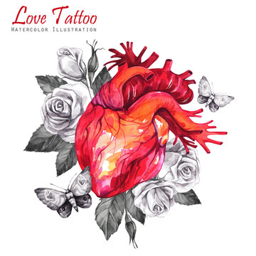 Watercolor anatomic heart with sketches of roses, leaves and moths in vintage medieval style. Valentines day illustration. Tattoo art symbol of love. Gothic, tarot poster. Ready for print.