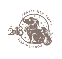 Dog 2018 symbol on the Chinese calendar. Silhouette of lapdog and snowflakes in a round template. Vector element for New Year's design.
