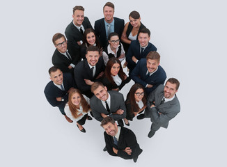 Portrait of smiling business people against white background