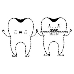 teeth cartoon holding hands and one with dental brace in black dotted silhouette