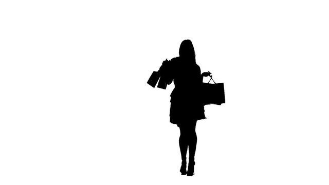 Woman was shopping at the store. Silhouette. White background. Slow motion