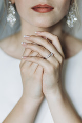 Closeup shot of an elegant, brunette bride in vintage white dress posing under veil closeup