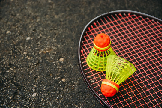 Badminton Racket and Two Birdies on Ground
