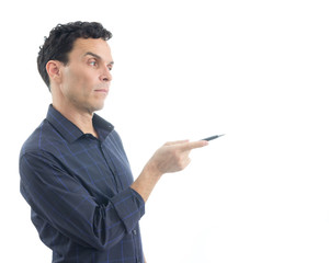 Man points pen to the side. The person is wearing dark blue social shirt. Isolated..