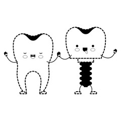 tooth and tooth implant with screw and holding hands in black dotted silhouette