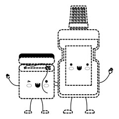 dental floss and mouthwash in cartoon holding hands in black dotted silhouette