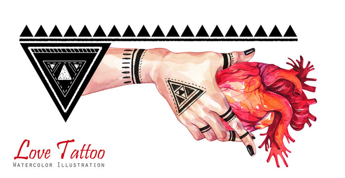Watercolor banner woman hand with mehendi tattoo holding anatomic heart. Geometric decor, triangles. Human, body parts. Tattoo art symbol of love. Esoteric, spiritual illustration. Witches ritual.