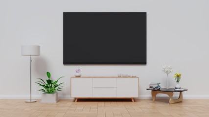 TV in modern empty room white wall background. 3D rendering.