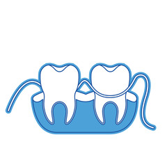 teeth and gums with dental floss between them in blue silhouette