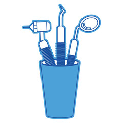 glass with dental cleaning tools and dental mirror in blue silhouette
