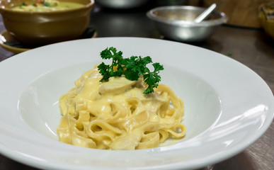 Spaghetti Carbonara in commercial kitchen