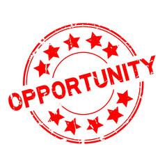 Grunge red opportunity with star icon round rubber stamp on white background