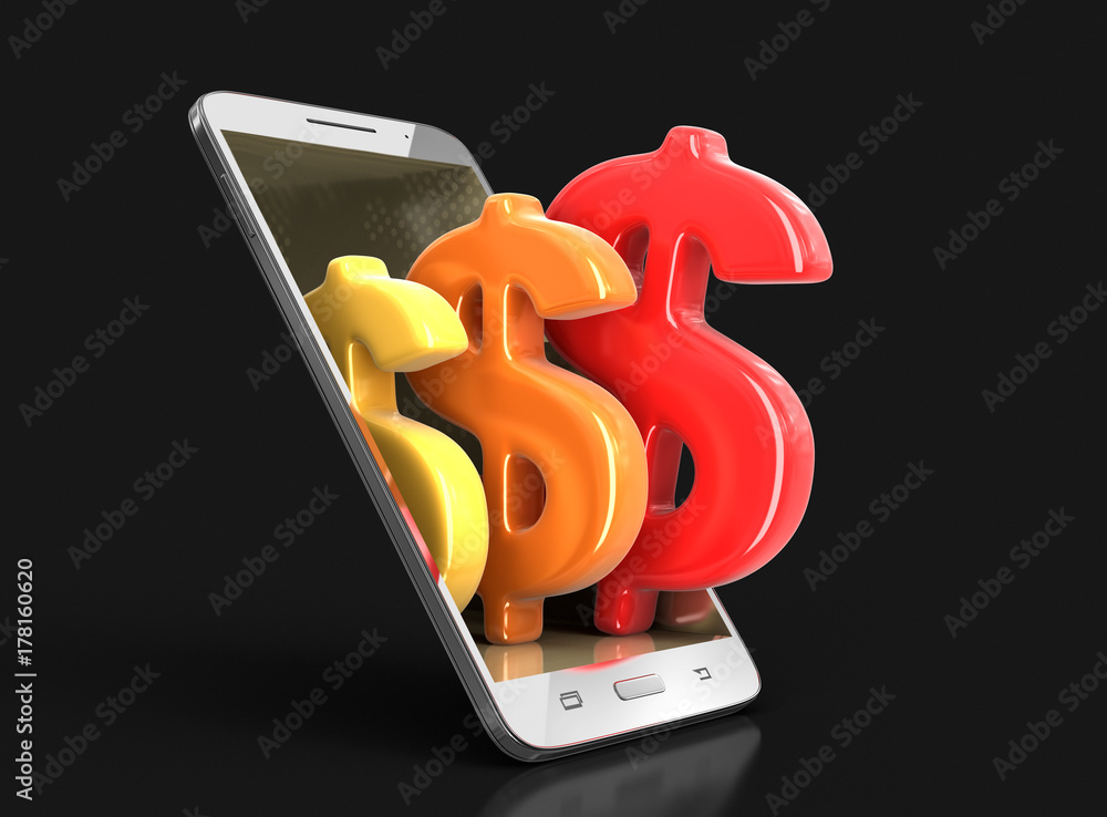 Poster touchscreen smartphone with dollar sign. image with clipping path.