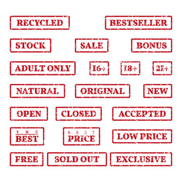 A set of rubber stamps on a themes: sale, price, bonus, open, closed, new, etc.