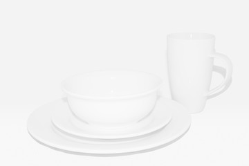Dining Set with Mug: White Crockery on White Background