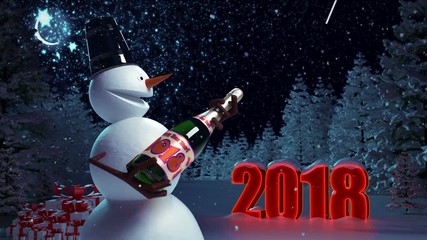 Snowman in the woods with gifts meets the new year 2018. 3D Animation. 1920 1080 Full HD. Loops. - Powered by Adobe