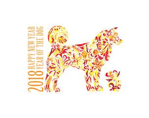 Dog, symbol of 2018 on the Chinese calendar. Happy new year 2018 card for your flyers and greetings card. Vector illustration. Doodle style
