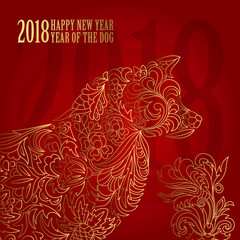 2018 Chinese New Year. Year of the dog. Vector illustration. New Year. Gold lines dog on red background.