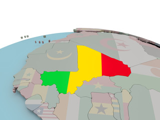 Political map of Mali on globe with flag