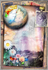 Fototapeta premium Paesaggio surreale e fiabesco con francobolli antichi,mappamondo e fiori colorati