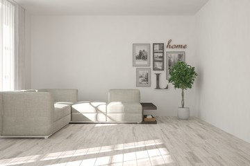 Idea of white minimalist room with sofa and pictures on a wall. Scandinavian interior design. 3D illustration