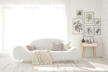 Idea of white minimalist room with sofa. Scandinavian interior design. 3D illustration