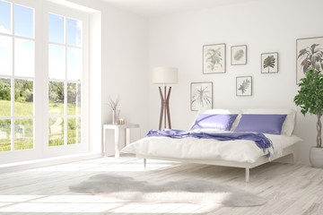 Inspiration of white minimalist  bedroom with summer landscape in window. Scandinavian interior design. 3D illustration