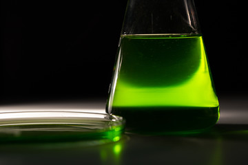 Petri dishand retort with green and blue with a chemical reagent. Chemical experiment with...