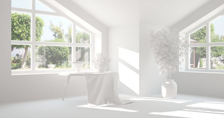 Naklejka na ściany i meble White empty room with summer landscape in window. Scandinavian interior design. 3D illustration