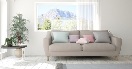 Idea of white room with sofa and summer landscape in window. Scandinavian interior design. 3D illustration
