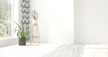 White empty room with summer landscape in window. Scandinavian interior design. 3D illustration