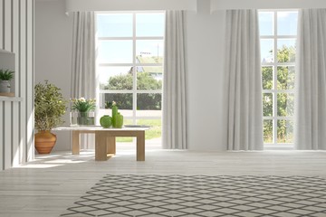 White empty room with summer landscape in window. Scandinavian interior design. 3D illustration