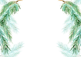 Fototapeta premium Watercolor spruce, pine, fir branches. Use for decoration, postcards, frame, advertisements, ads, and more. Green color. Christmas vintage postcard.