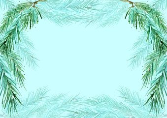 Watercolor spruce, pine, fir branches. Use for decoration, postcards, frame, advertisements, ads, and more. Green color. Christmas vintage postcard.
