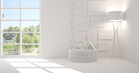 White empty room with summer landscape in window. Scandinavian interior design. 3D illustration