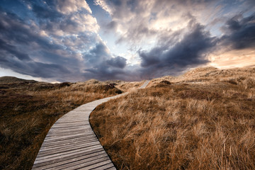 Obraz premium Dramatischer Sonnenuntergang auf Insel Amrum mit Bohlenweg