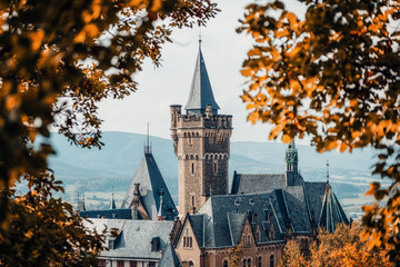 Mittelalterliches Schloss Wernigerode zeigt sich durch den Wald, Herbst, Sachsen-Anhalt