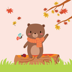 Autumn forest in vector with cute bear