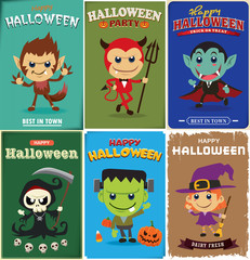 Vintage Halloween poster design with vector wolf man, devil, vampire, reaper, witch, zombie characters. 