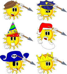 Cartoon sun holding spear in his hand. Collection with costume. Expressions vector set.