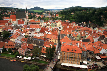Fototapeta na wymiar Views of the Old Town in Cesky Krumlov from Cesky Krumlov Castle, Czech Republic, Czechia