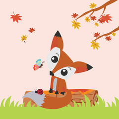 Vector illustration with cute fox and floral elements, autumn