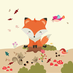 Vector illustration with cute fox and floral elements, autumn