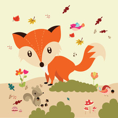 Vector illustration with cute fox and floral elements, autumn