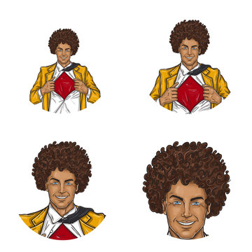 Set of vector pop art round avatar icons for users of social networking, blogs, profile icons. Black man with an Afro haircut, in a yellow retro suit and a shirt open on his chest