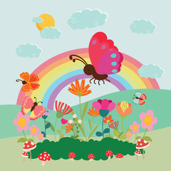 Fototapeta na wymiar Butterflies flying in flower garden illustration